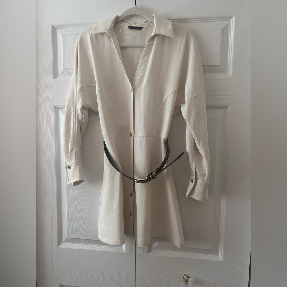 Cream Button-Up Dress with Belt